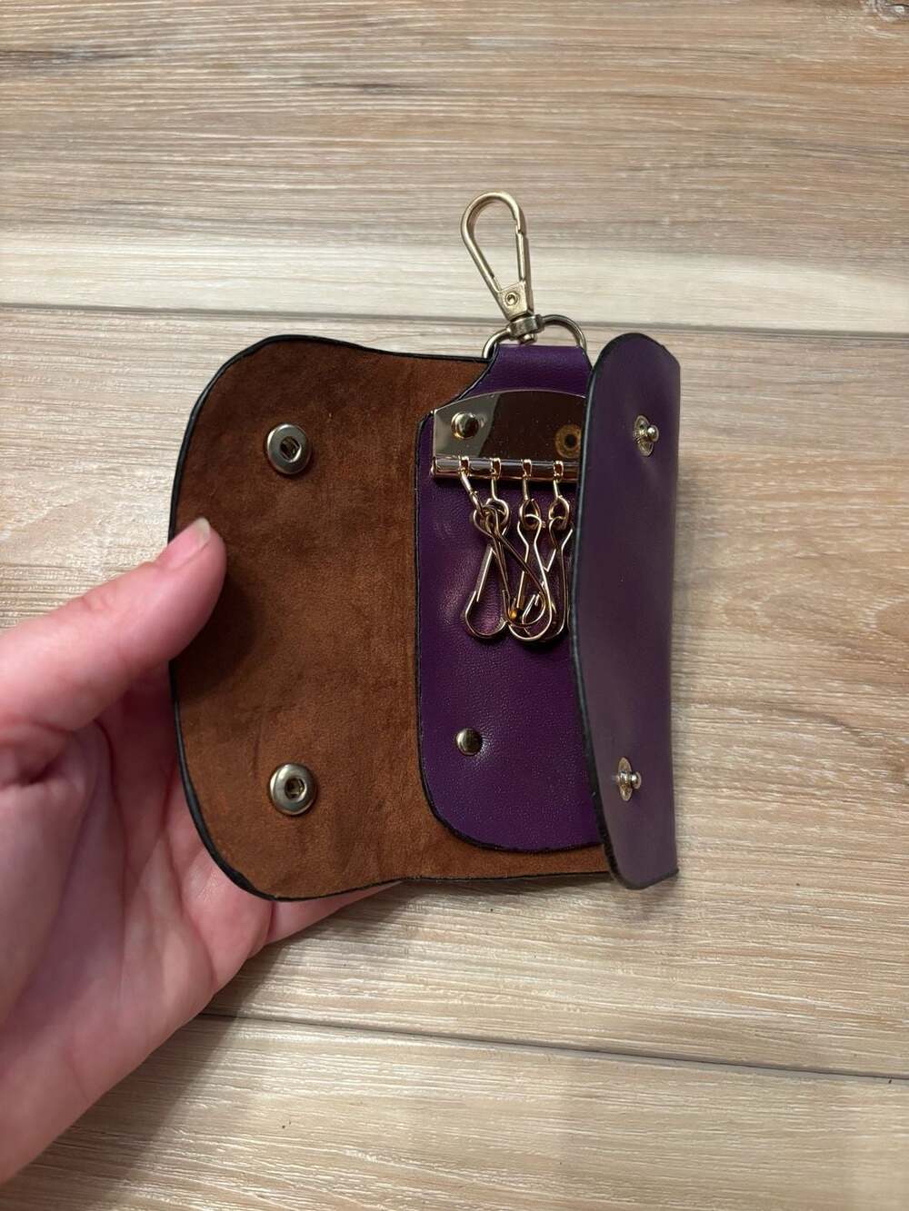 Purple Leather Key Case Wallet with 6-Hook Organizer